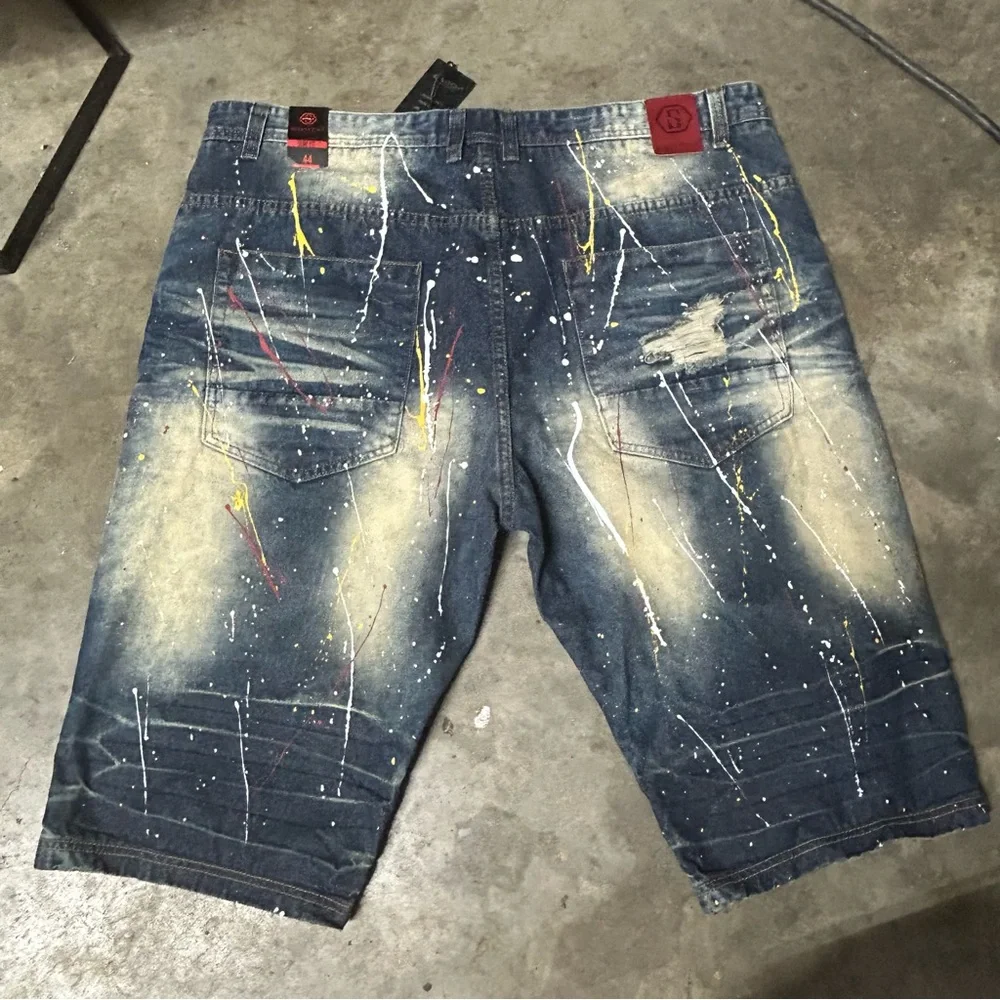 Switch Remarkable Shorts Mens 44 Blue Jean Denim Distressed trashed painted NEW - Picture 2 of 10